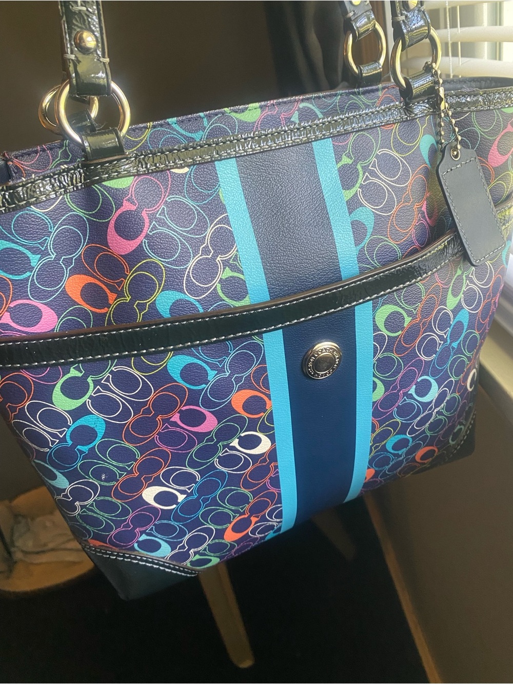 Coach Leather Navy Multicolor Signature Stripe Tote - Picture 5 of 6